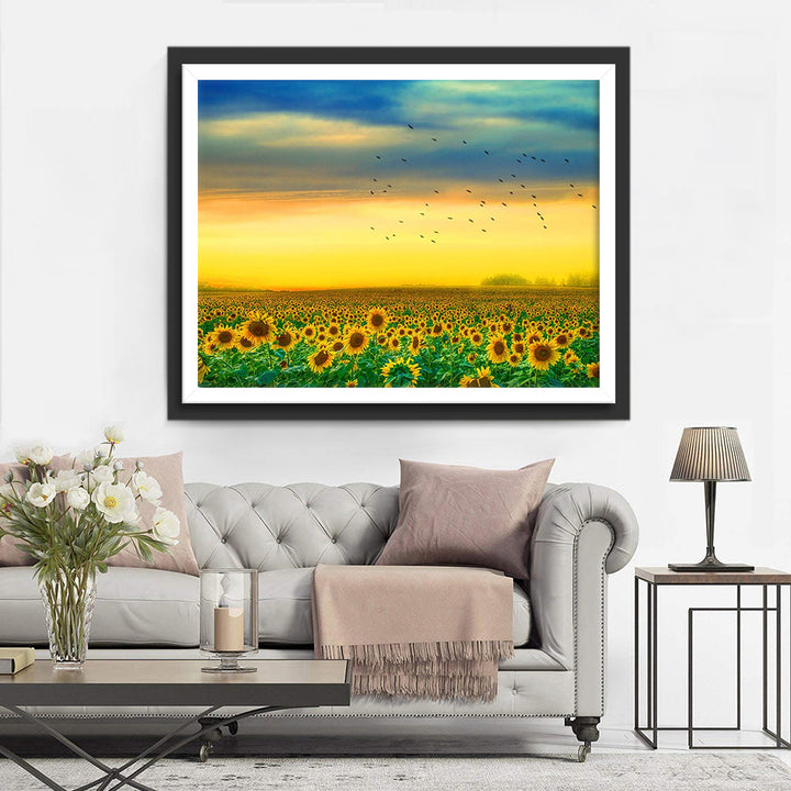 Zonnebloemenveld en Vogels onder een Blauw-Gele Hemel Diamond Painting