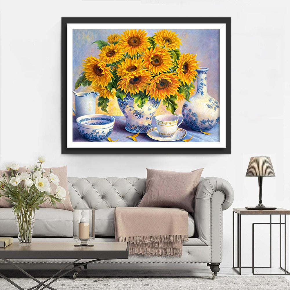 Zonnebloempottenplanten en Porselein Diamond Painting