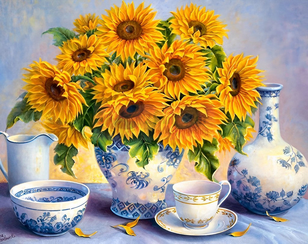 Zonnebloempottenplanten en Porselein Diamond Painting