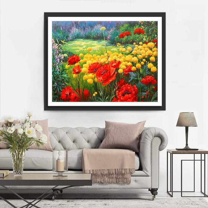 Zonnige Tuin vol Kleurrijke Bloemen Diamond Painting