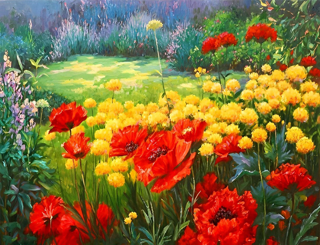 Zonnige Tuin vol Kleurrijke Bloemen Diamond Painting