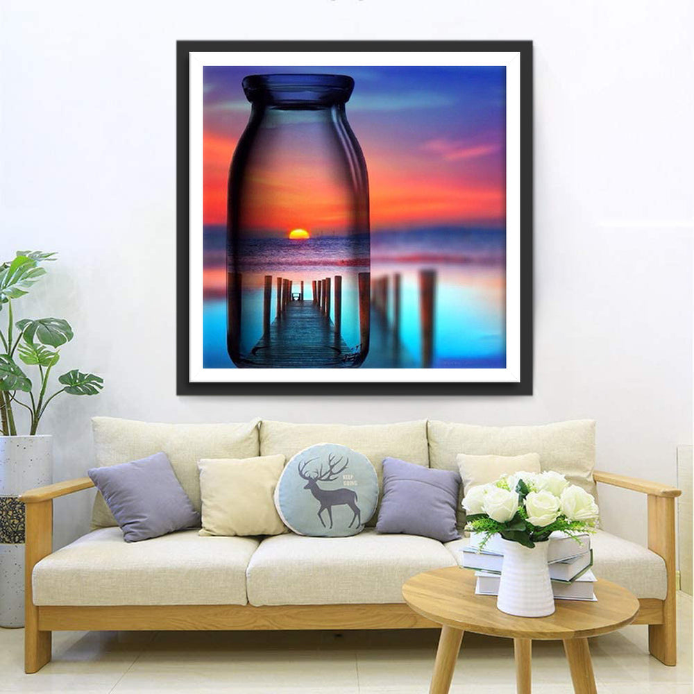 Zonsondergang en Pier in Glazen Fles Diamond Painting