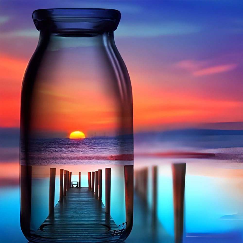 Zonsondergang en Pier in Glazen Fles Diamond Painting