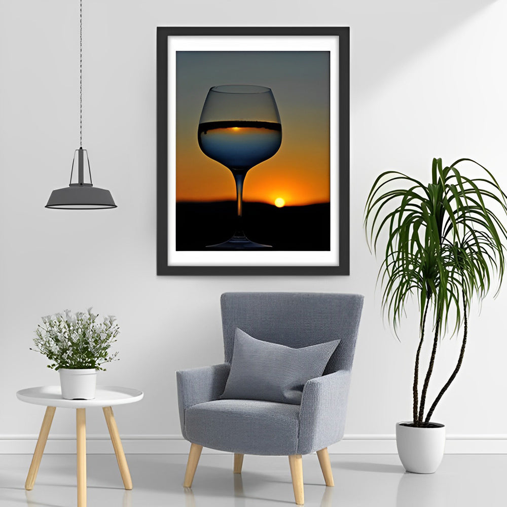 Zonsondergang in een Wijnglas tegen de Schemering Diamond Painting