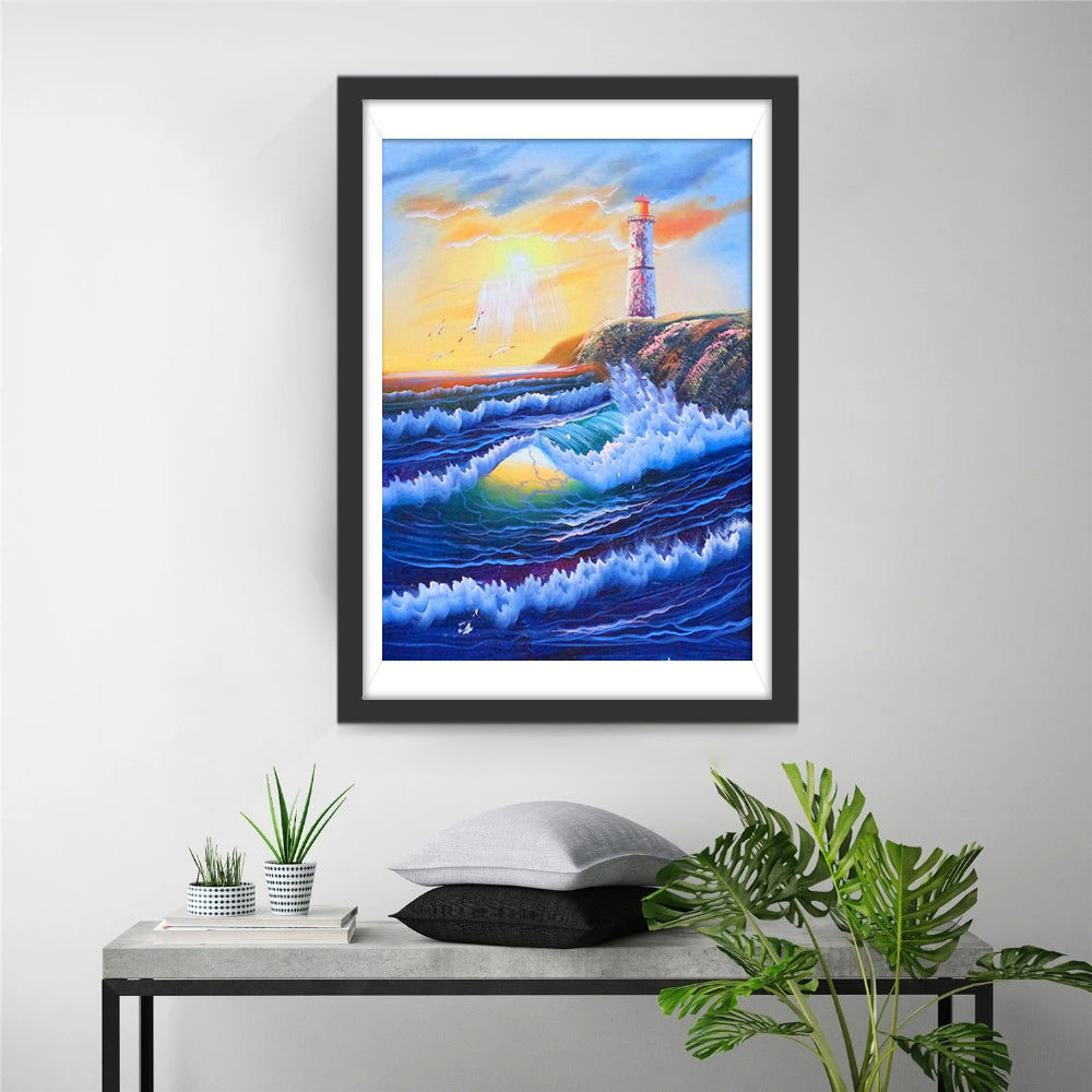 Zonsondergangslicht, Bruisende Golven en Verlichtende Toren in Rust Diamond Painting