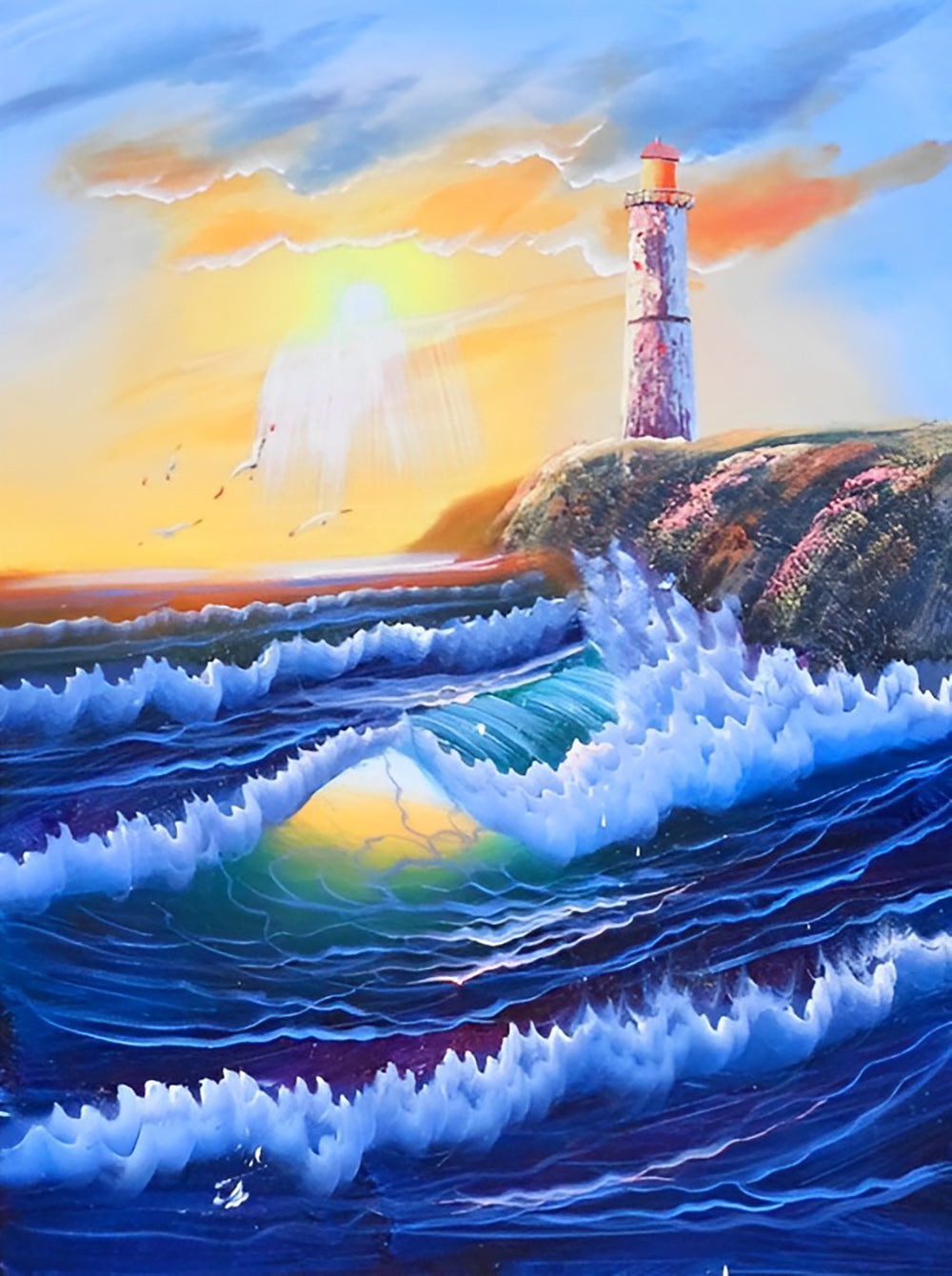 Zonsondergangslicht, Bruisende Golven en Verlichtende Toren in Rust Diamond Painting