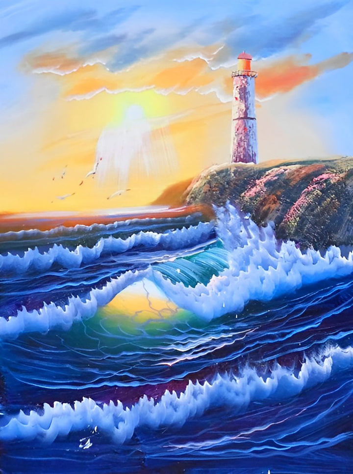 Zonsondergangslicht, Bruisende Golven en Verlichtende Toren in Rust Diamond Painting