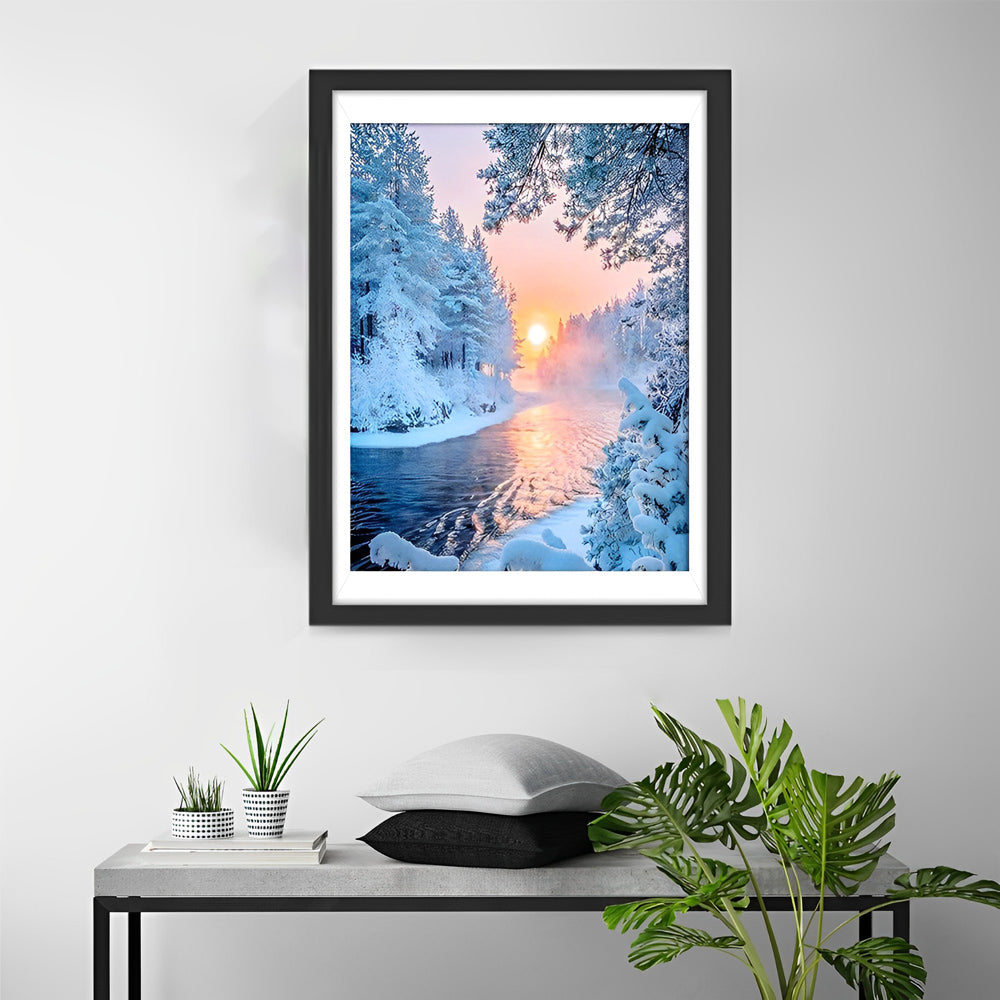Zonsopgang tussen Sneeuwbomen aan Rivier Diamond Painting