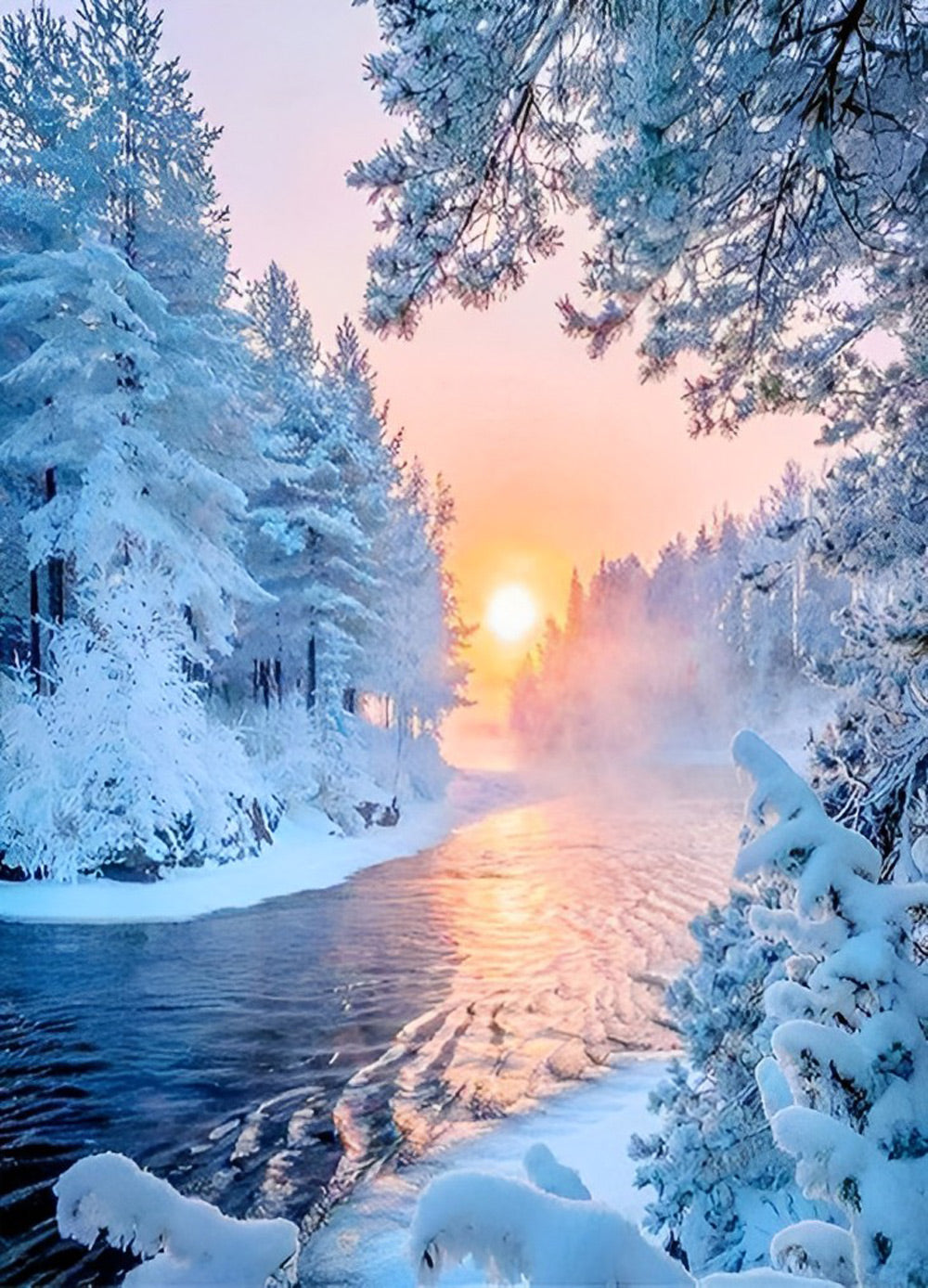 Zonsopgang tussen Sneeuwbomen aan Rivier Diamond Painting