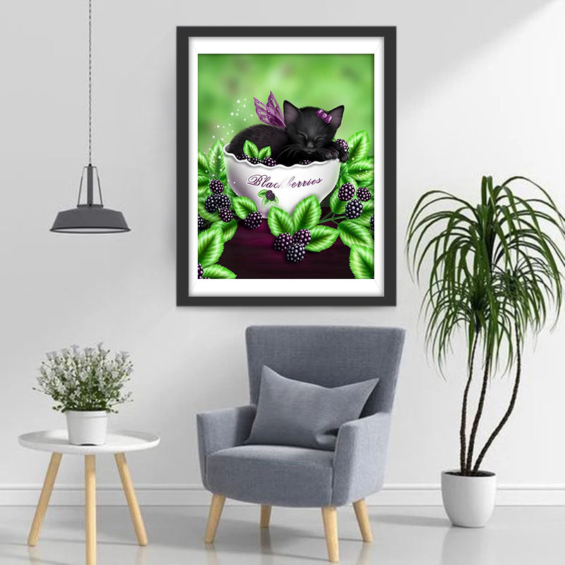 Zwart Kitten Dromend in een Kom Diamond Painting