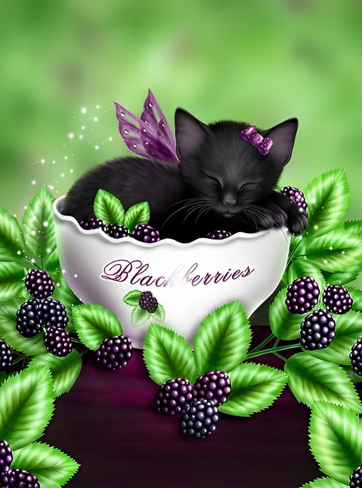 Zwart Kitten Dromend in een Kom Diamond Painting