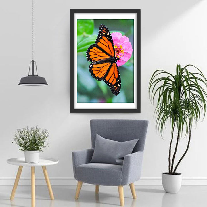 Zwart met Oranje Vlinder op een Roze Bloem Diamond Painting