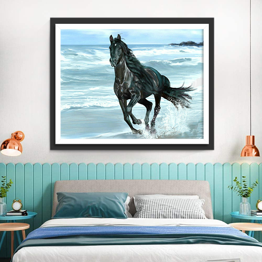 Zwart Paard aan Zee Diamond Painting