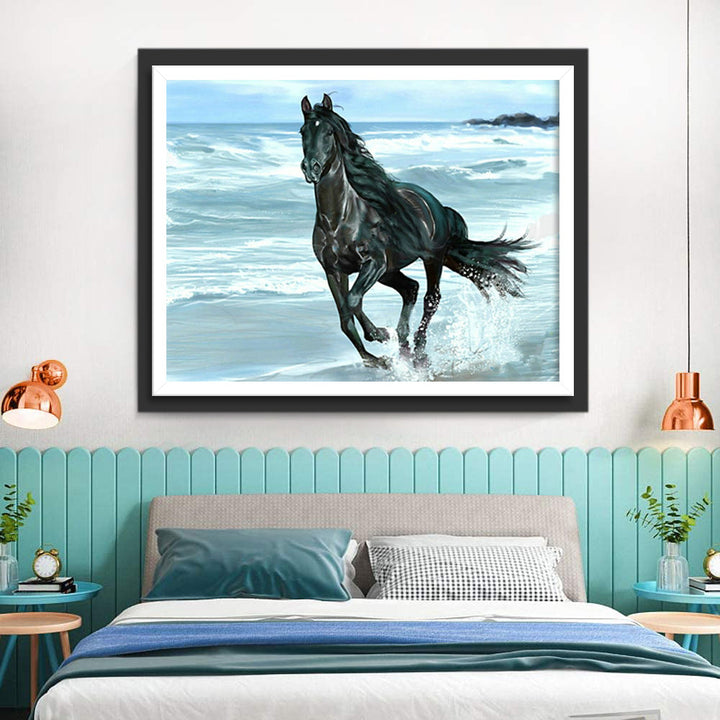Zwart Paard aan Zee Diamond Painting