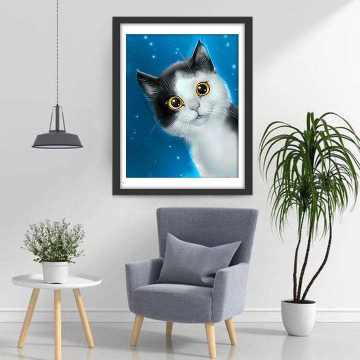 Zwart-Witte Kat op een Blauwe Achtergrond Diamond Painting