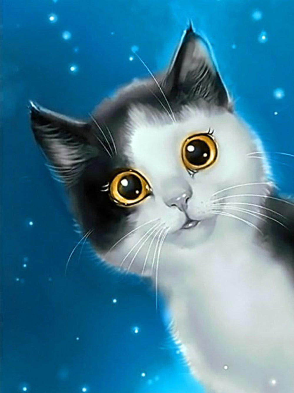 Zwart-Witte Kat op een Blauwe Achtergrond Diamond Painting