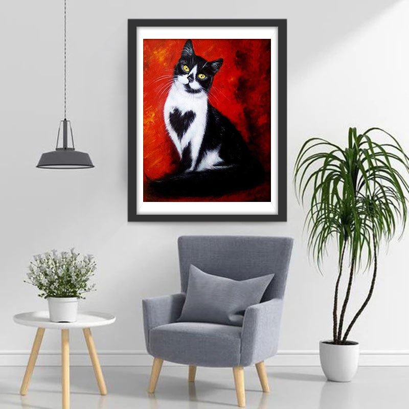 Zwart-Witte Kat op Rode Achtergrond Diamond Painting