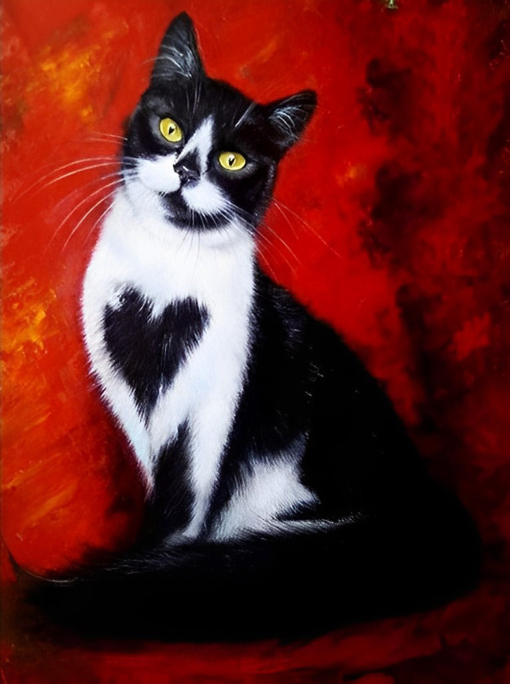 Zwart-Witte Kat op Rode Achtergrond Diamond Painting