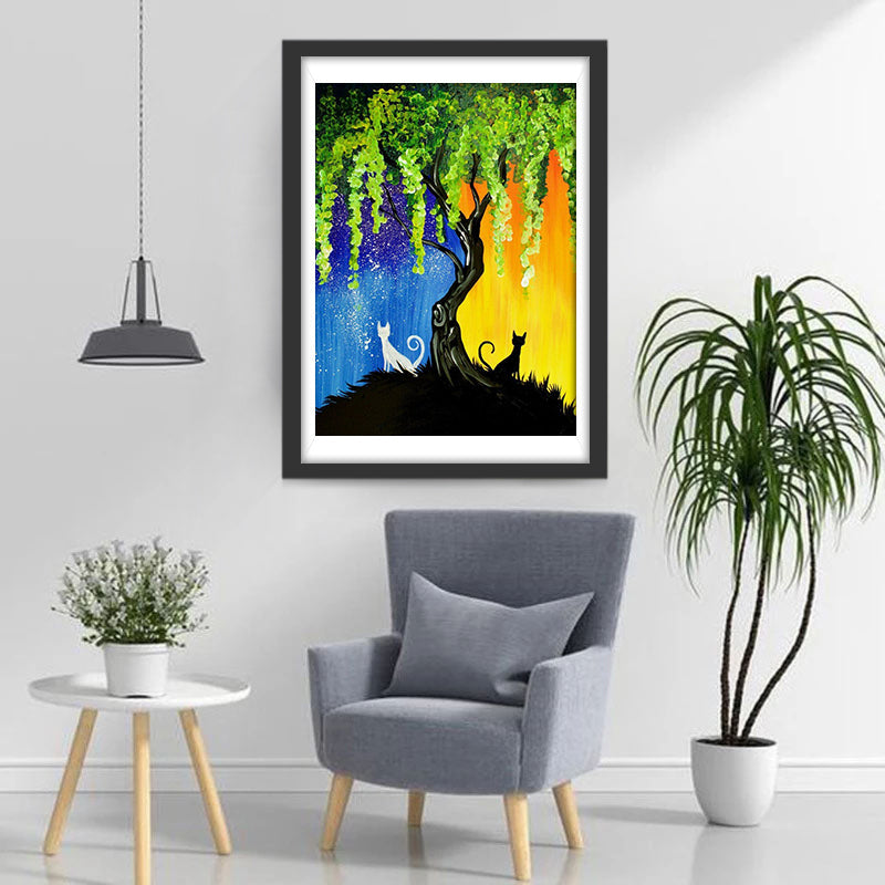 Zwart-Witte Katten aan Beide Kanten van de Boom Diamond Painting