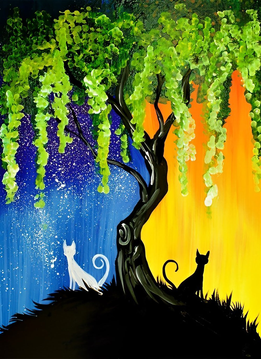 Zwart-Witte Katten aan Beide Kanten van de Boom Diamond Painting
