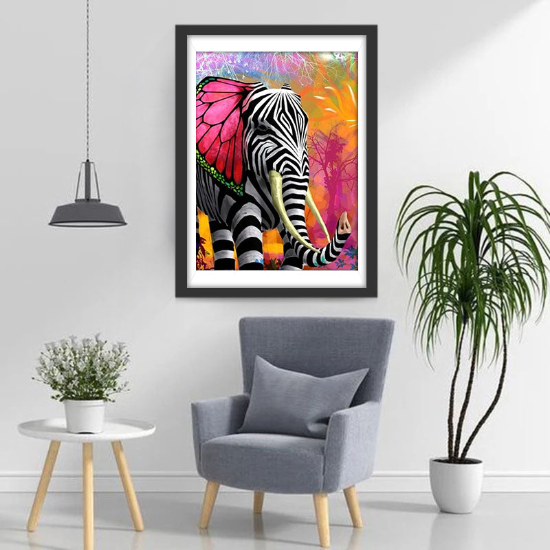 Zwart-Witte Olifant met Roze Oren Diamond Painting