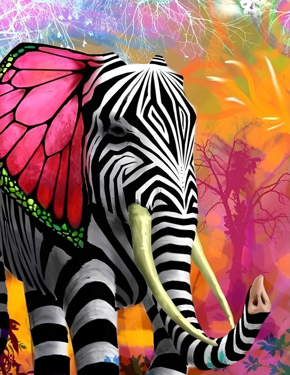 Zwart-Witte Olifant met Roze Oren Diamond Painting