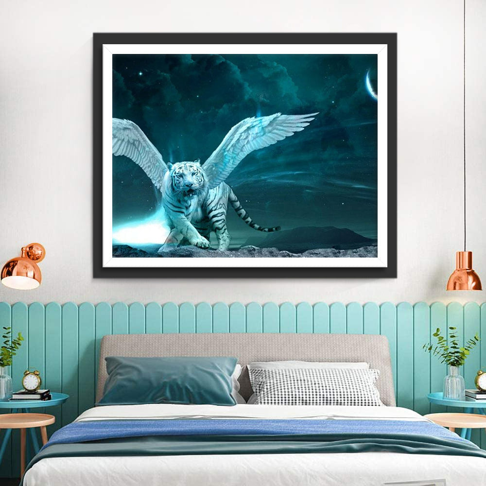 Zwart-Witte Tijger met Witte Vleugels Diamond Painting