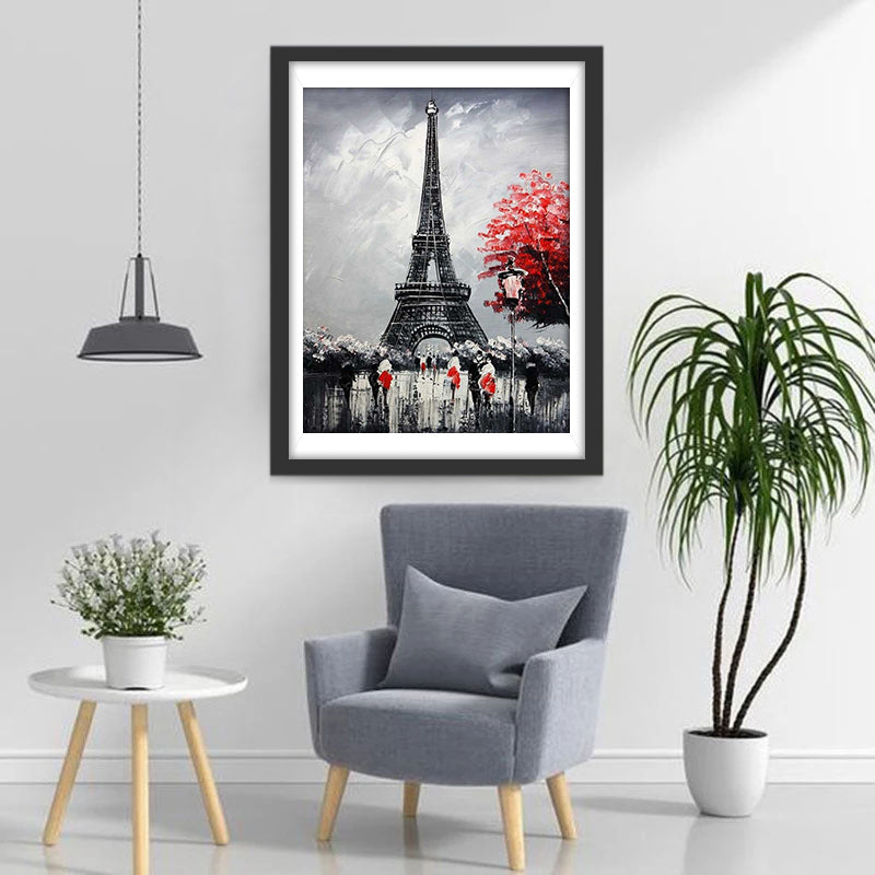 Zwart-Witte Toren en Vurige Rode Boom Diamond Painting
