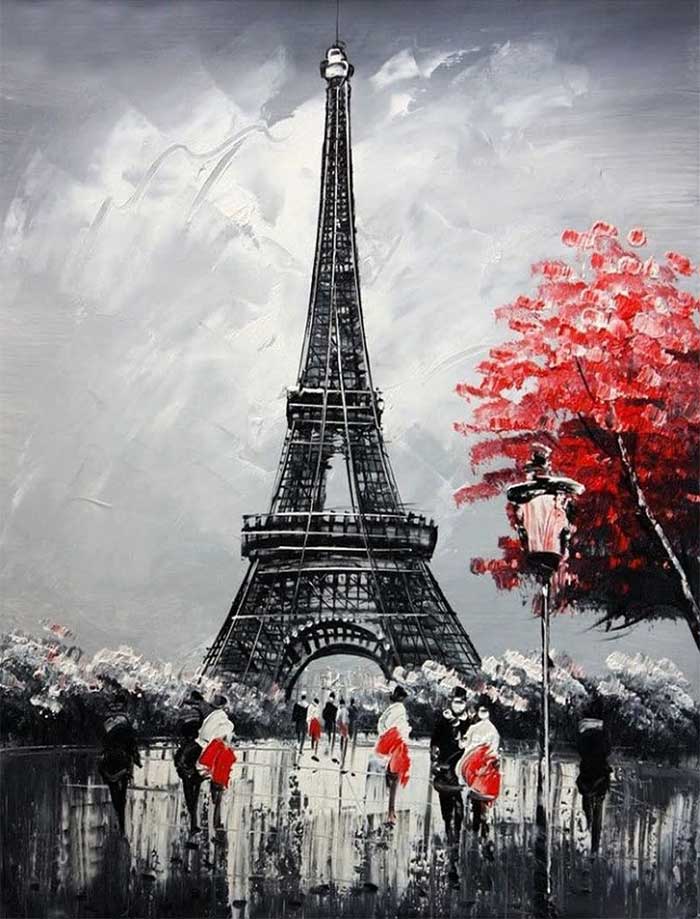 Zwart-Witte Toren en Vurige Rode Boom Diamond Painting