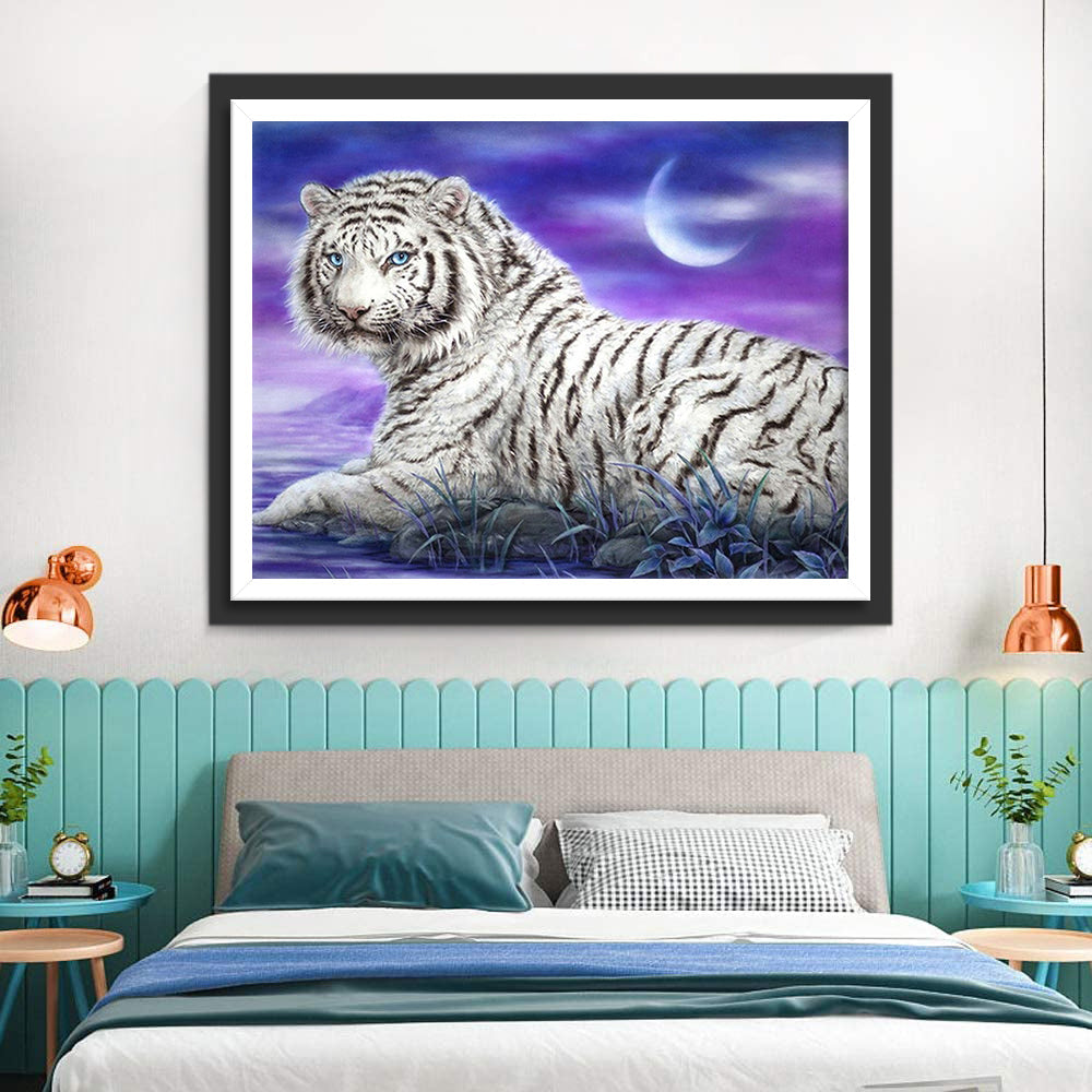 Zwart-WitteTijger onder de Paarse Nachthemel Diamond Painting