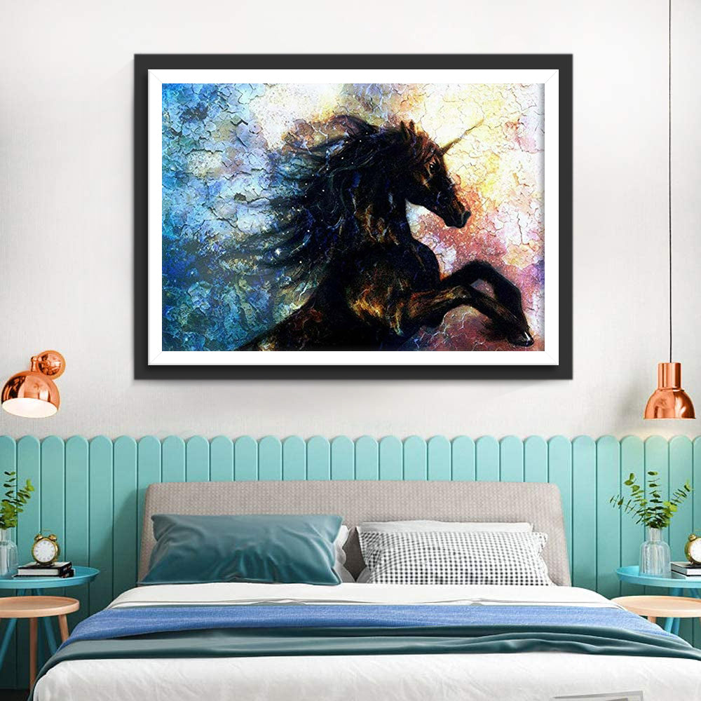Zwarte Eenhoorn op Gekleurde Achtergrond Diamond Painting