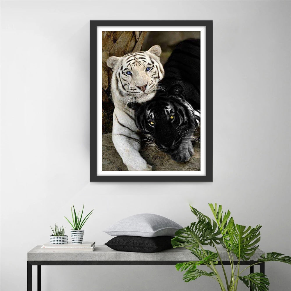 Zwarte en Witte Tijgers Leunen tegen Elkaar Diamond Painting