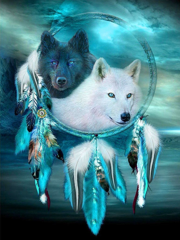 Zwarte en Witte Wolf in Dromenvanger Diamond Painting