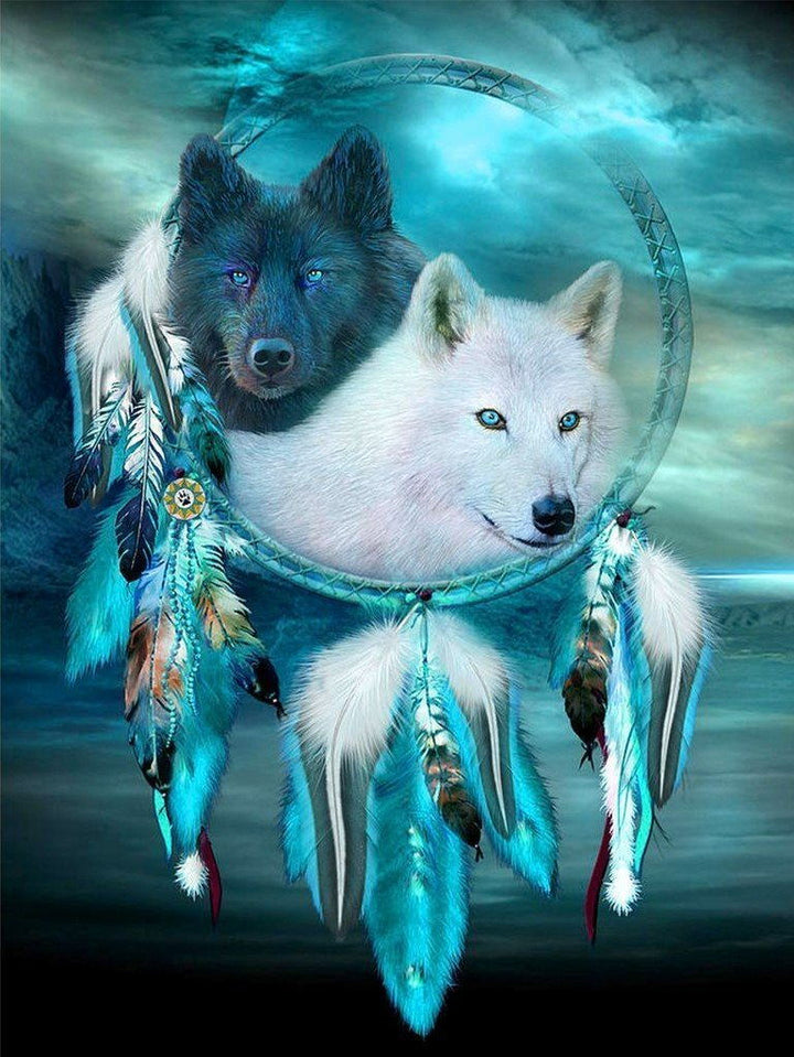 Zwarte en Witte Wolf in Dromenvanger Diamond Painting