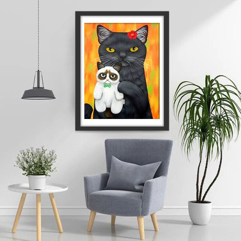 Zwarte Kat die een Poppenkat Vasthoudt Diamond Painting