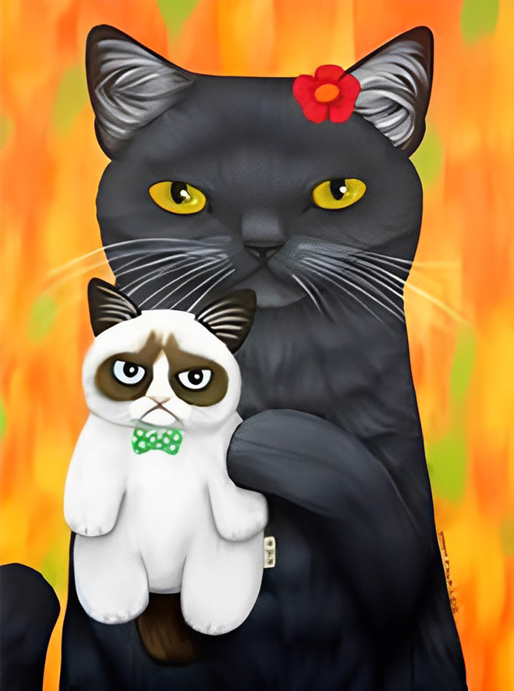 Zwarte Kat die een Poppenkat Vasthoudt Diamond Painting