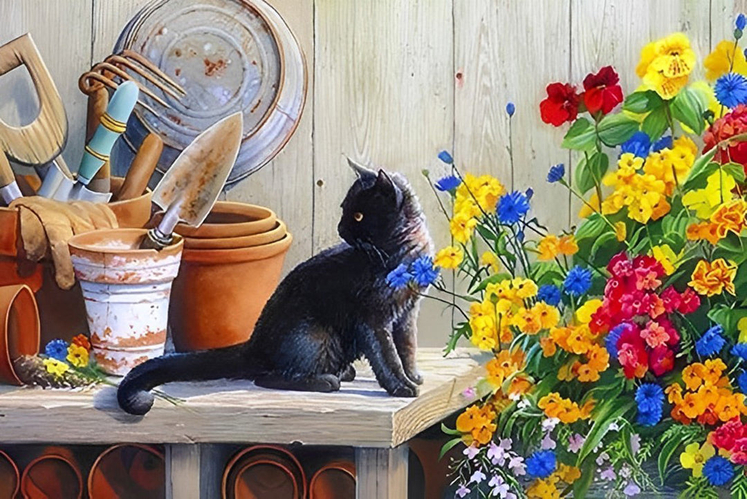 Zwarte Kat en Bloemen op de Werkbank Diamond Painting