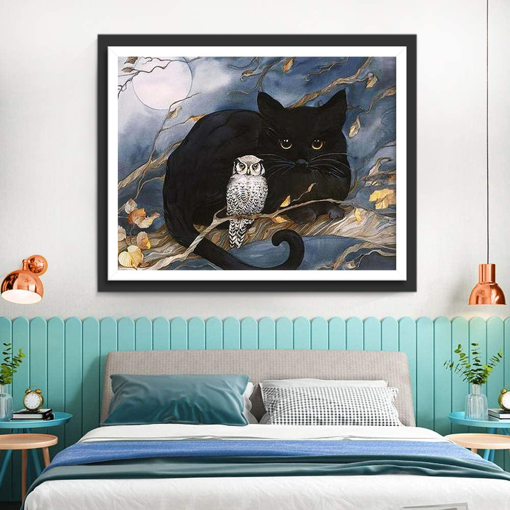 Zwarte Kat en een Uil Diamond Painting