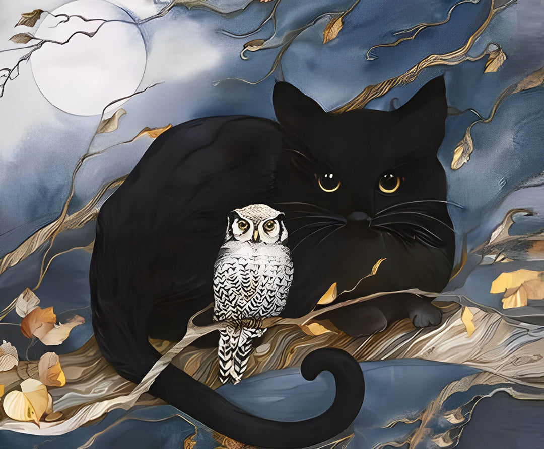 Zwarte Kat en een Uil Diamond Painting