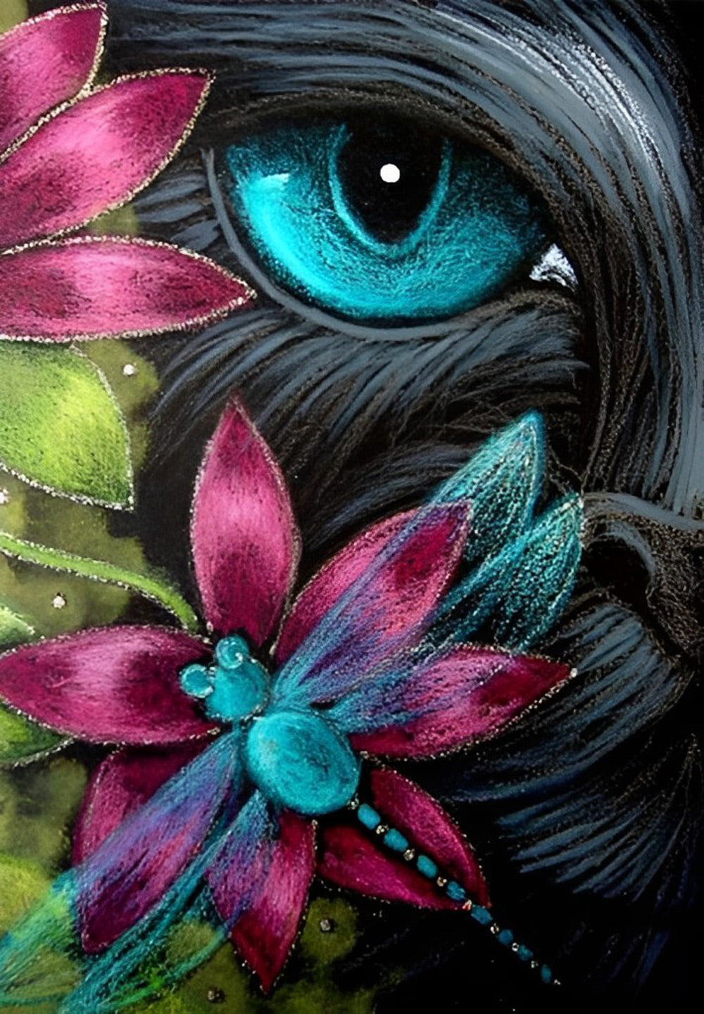 Zwarte Kat en Libel op Bloem Diamond Painting