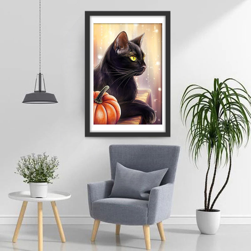 Zwarte Kat en Pompoen Diamond Painting