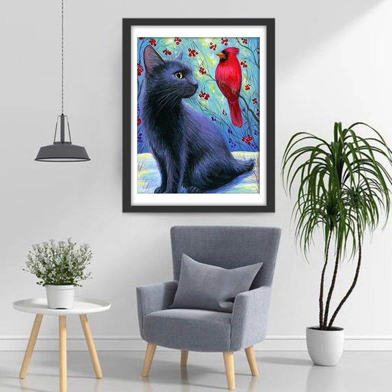 Zwarte Kat en Rode Kardinaal in de Sneeuw Diamond Painting