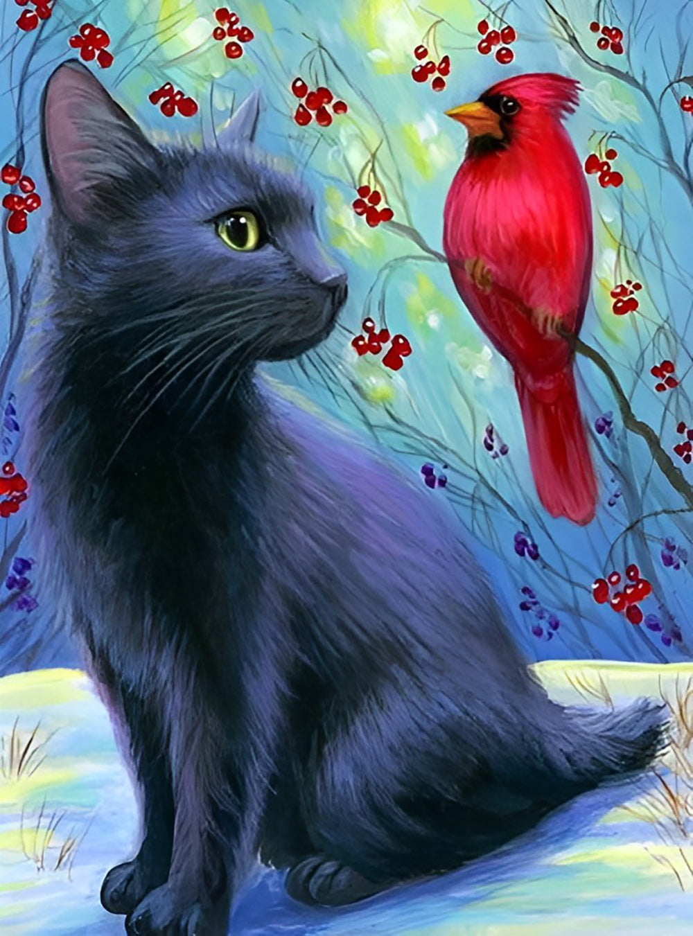 Zwarte Kat en Rode Kardinaal in de Sneeuw Diamond Painting