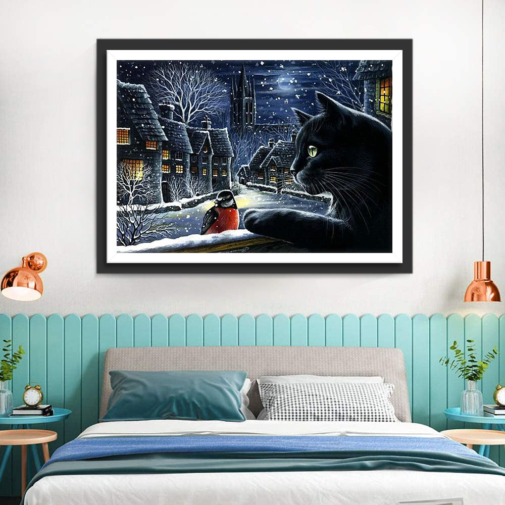 Zwarte Kat en Vogel in Europese Steden Diamond Painting