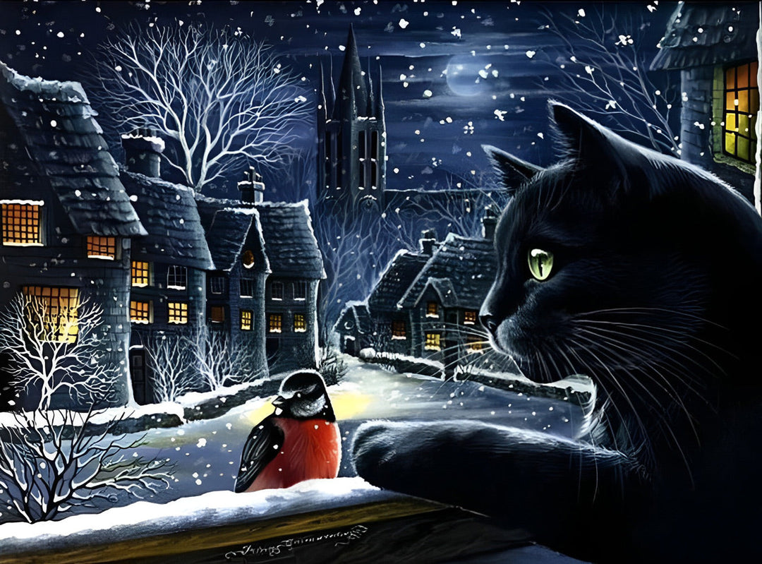 Zwarte Kat en Vogel in Europese Steden Diamond Painting