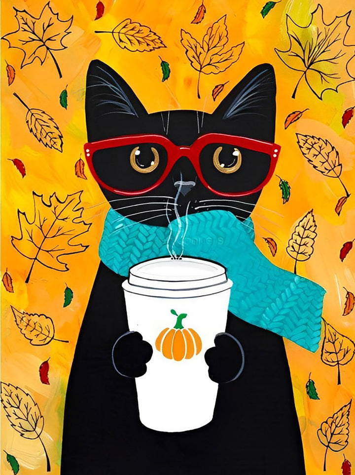 Zwarte Kat Houdt Koffie vast tegen een Achtergrond van Bladeren Diamond Painting