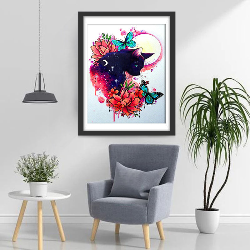 Zwarte Kat in de Bloemen bij Volle Maan Diamond Painting