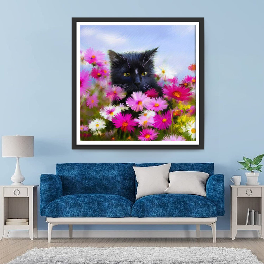 Zwarte Kat in een Madeliefjesstruik Diamond Painting