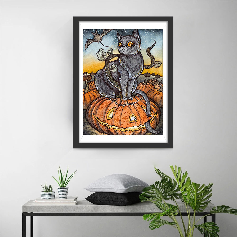 Zwarte Kat op de Griezelige Pompoen Diamond Painting