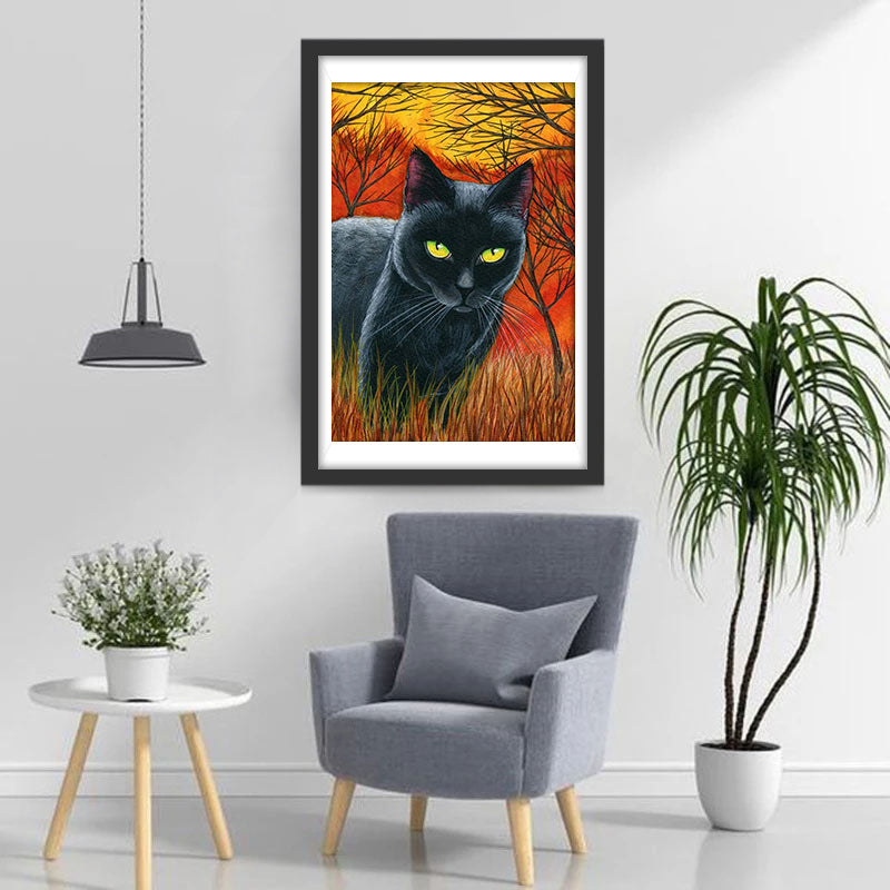 Zwarte Kat op de Weide in de Avondzon Diamond Painting